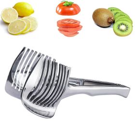 1pc Tomato Lemon Slicer Holder; Round Fruits Onion Shredder Cutter Guide Tongs With Handle; Stainless Steel Kitchen Cutting Potato Lime Food Stan