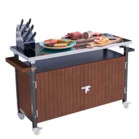 Outdoor Grill Cart with Stainless Steel Tabletop, Storage, Patio Kitchen Island with Wheels, Hooks, and Spice Rack, Waterproof Outdoor Grill Tabl