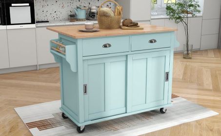 Kitchen Cart with Rubber wood Drop-Leaf Countertop, Concealed sliding barn door adjustable height