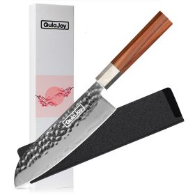 Qulajoy Nakiri Knife 7 Inch - Hammered Japanese Vegetable Knife 9cr18mov Mirror Polishing Hand Forged Blade Kitchen Knife - Olivewood Handle With (Option: Santoku)