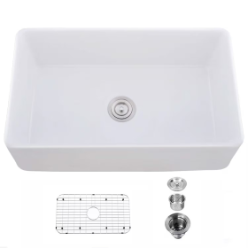 Single Basin Ceramic Farmhouse Kitchen Sink With Basket Strainer (Color: White)