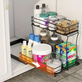 Double Slide-out Sink Cabinet Organizer, Under Sink Organizer In Kitchen And Bathroom Cabinets, Medium, Black (Color: Black)