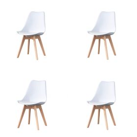 Mid Century Modern Dining Chairs, with Wood Legs, Armless Kitchen Chairs, Shell Lounge Plastic Side Chair with Soft Padded Kitchen, Dining Room (Quantity: 4, Color: White)