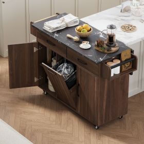 Kitchen Island with Trash Can Storage Cabinet, Kitchen Cart with Drop Leaf, Spice Rack, Towel Rack and Drawer (Material: Particle Board, Color: Walnut Brown)