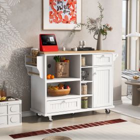 Kitchen Island Cart with Storage Cabinet and Two Locking Wheels,Solid wood desktop,Microwave cabinet (Material: MDF, Color: White)