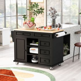 Kitchen cart with Rubber wood desktop rolling mobile kitchen island with storage and 5 draws 53 Inch length (Material: MDF, Color: Black)