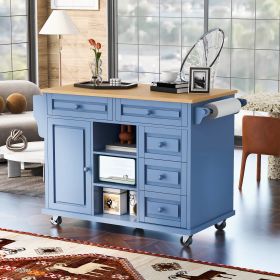 Kitchen cart with Rubber wood desktop rolling mobile kitchen island with storage and 5 draws 53 Inch length (Material: MDF, Color: Blue)